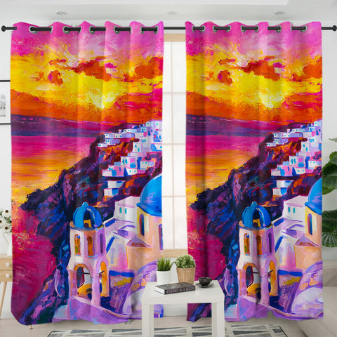 Image of Beautiful Sunset Watercolor Italia Landscape View SWKL5475 - 2 Panel Curtains
