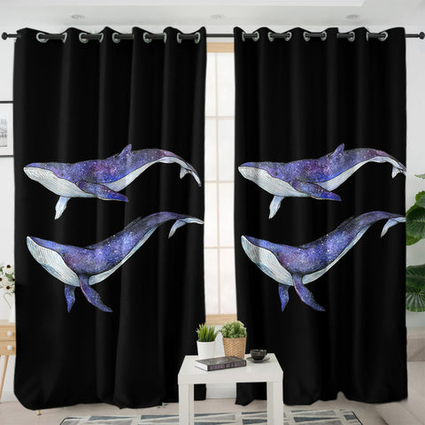 Image of Double Galaxy Big Whales Black Theme SWKL5477 - 2 Panel Curtains