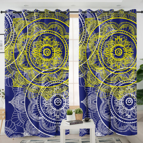 Image of Yellow & White Line Mandala Navy Theme SWKL5493 - 2 Panel Curtains