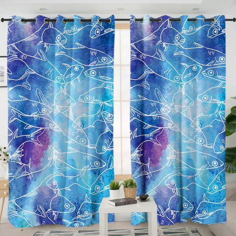 Image of Multi Small Fishes White Line Ocean Theme SWKL5498 - 2 Panel Curtains