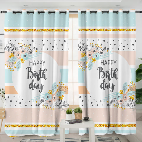 Image of Happy Birthday Floral Pastel Stripes SWKL5596 - 2 Panel Curtains