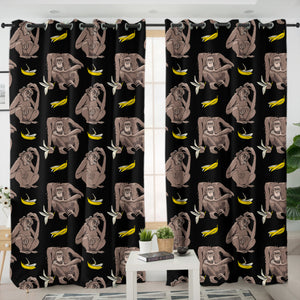 Multi Monkeys & Bananas Black Theme SWKL5601 - 2 Panel Curtains