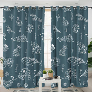 Collection Of Mandala Animals White Line SWKL5608 - 2 Panel Curtains