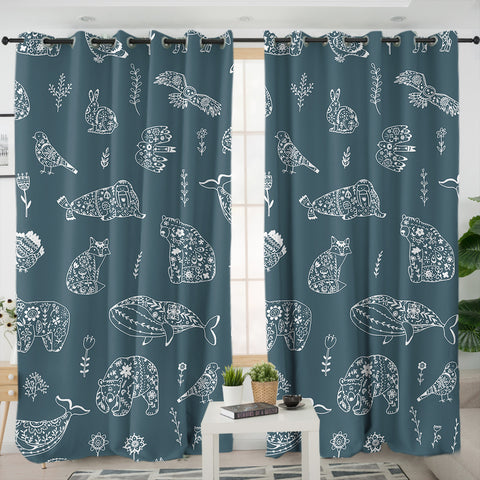 Image of Collection Of Mandala Animals White Line SWKL5608 - 2 Panel Curtains