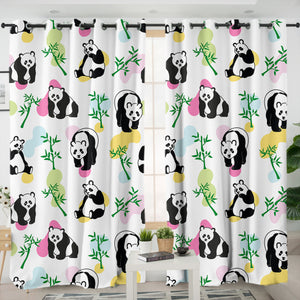 Multi Pandas & Bamboo Trees - White Pastel Theme SWKL5615 - 2 Panel Curtains