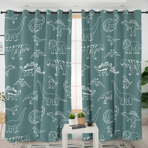 White Line Collection Of Dinosaur - Mint Theme SWKL5626 - 2 Panel Curtains