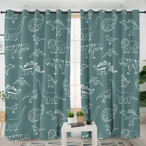 Image of White Line Collection Of Dinosaur - Mint Theme SWKL5626 - 2 Panel Curtains