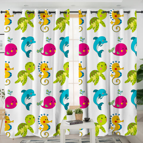Image of Colorful Cute Tiny Marine Creatures White Theme SWKL6121 - 2 Panel Curtains