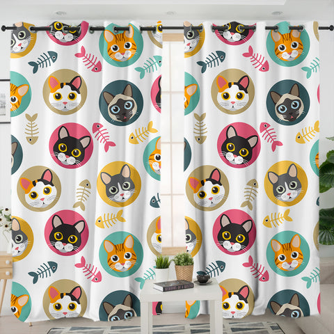 Image of Collection Of Colorful Cute Cat Faces SWKL6126 - 2 Panel Curtains