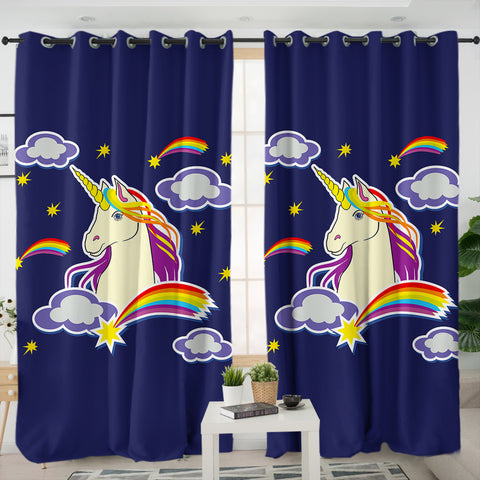 Image of Beautiful Unicorn Illustration Dark Blue Theme SWKL6135 - 2 Panel Curtains