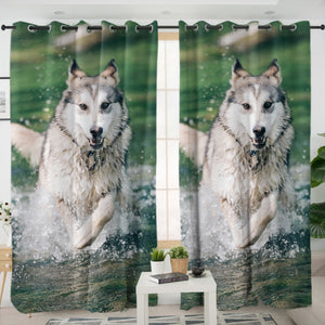 Running White Wolf On River SWKL6136 - 2 Panel Curtains