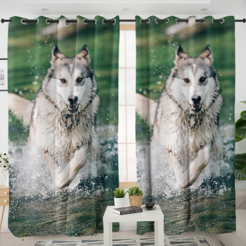 Image of Running White Wolf On River SWKL6136 - 2 Panel Curtains