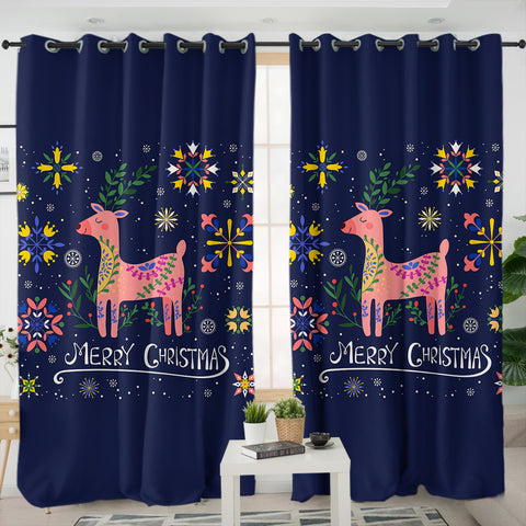 Image of Merry Christmas Pink Floral Reindeer SWKL6203 - 2 Panel Curtains