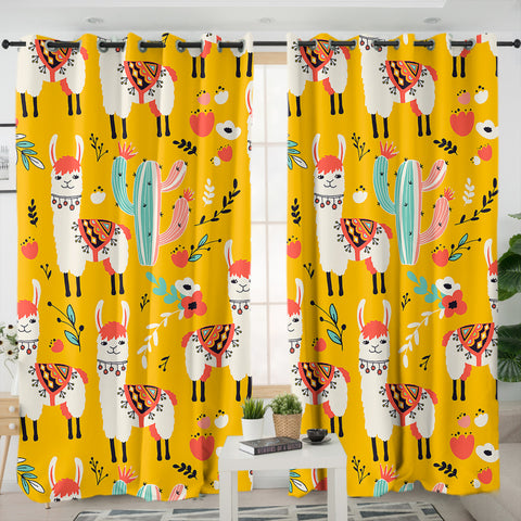 Image of White Llama & Cactus Collection SWKL6207 - 2 Panel Curtains