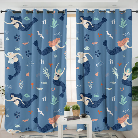 Image of Cute Mermaid Collection Blue Theme SWKL6208 - 2 Panel Curtains