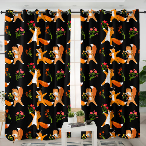 Image of Fox & Flowers Collection Black Theme SWKL6213 - 2 Panel Curtains