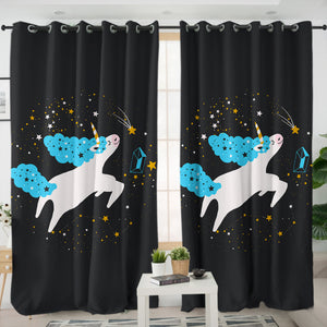 Flying Cute Blue Hair Unicorn In Universe SWKL6222 - 2 Panel Curtains