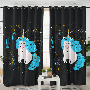 Smiling Blue Hair Unicorn Among Stars SWKL6224 - 2 Panel Curtains