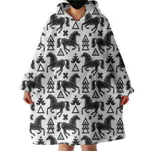 Multi Triangles & Black Horses  SWLF3678 Hoodie Wearable Blanket