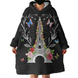 Paris Butterfly and Floral Eiffel SWLF3749 Hoodie Wearable Blanket