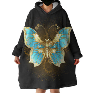 Golden Satin Blue Butterfly  SWLF4113 Hoodie Wearable Blanket