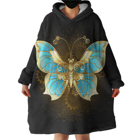 Image of Golden Satin Blue Butterfly  SWLF4113 Hoodie Wearable Blanket