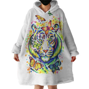 Colorful Watercolor Tiger Sketch & Butterfly SWLF4222 Hoodie Wearable Blanket