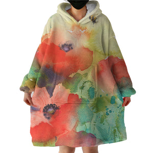 Red Flowers & Green Leaves Watercolor Painting SWLF4398 Hoodie Wearable Blanket