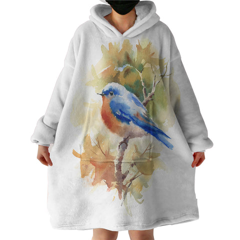 Image of Blue Sparrow White Theme Watercolor Painting SWLF4401 Hoodie Wearable Blanket