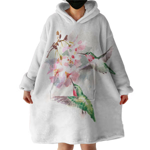 Green Sunbirds Sucking Flowers Watercolor Painting SWLF4408 Hoodie Wearable Blanket