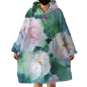 White Flowers & Green Leaves Watercolor Painting SWLF4409 Hoodie Wearable Blanket