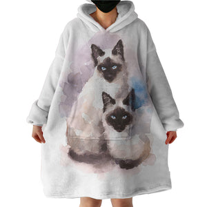 Two Thai Cats Blue & Purple Theme Watercolor Painting SWLF4410 Hoodie Wearable Blanket