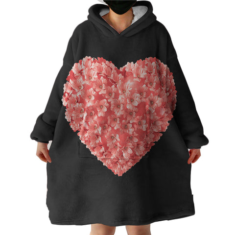 Image of Multi Pink Flowers In Heart Shape Black Theme SWLF4414 Hoodie Wearable Blanket