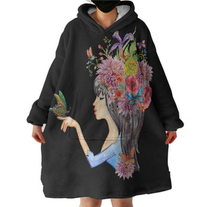 Butterfly Standing On Hand Of Floral Hair Lady SWLF4424 Hoodie Wearable Blanket