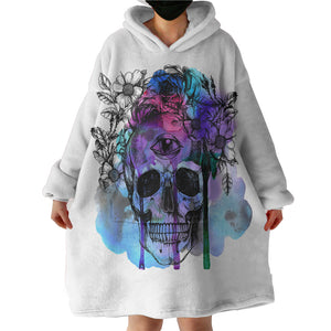 Floral Skull Black Sketch Blue & Pink Watercolor SWLF4433 Hoodie Wearable Blanket