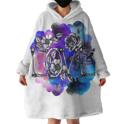 Image of Dark Love Bone and Flowers BLue & Pink Watercolor SWLF4435 Hoodie Wearable Blanket