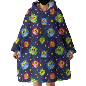 Multi Cute Colorful Owls Night Sky Illustration  SWLF4448 Hoodie Wearable Blanket