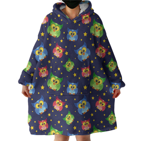 Image of Multi Cute Colorful Owls Night Sky Illustration  SWLF4448 Hoodie Wearable Blanket