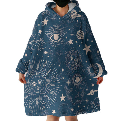 Image of Retro Cream Sun Moon Star Sketch Galaxy Navy Theme SWLF4520 Hoodie Wearable Blanket