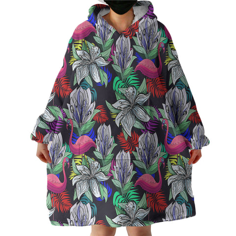 Image of Multi Flamingos & Flowers Full Screen SWLF4597 Hoodie Wearable Blanket