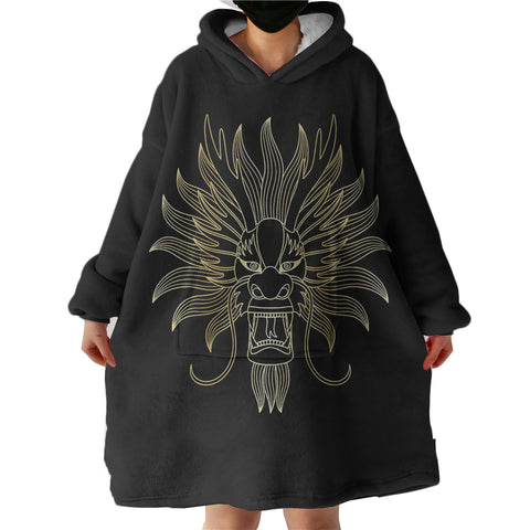 Image of Golden Asian Dragon Head Black Theme SWLF4598 Hoodie Wearable Blanket
