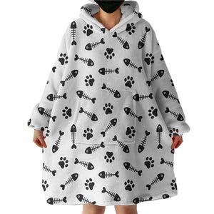 B&W Cute Fish Bone & Dog Footprint Monogram SWLF4605 Hoodie Wearable Blanket