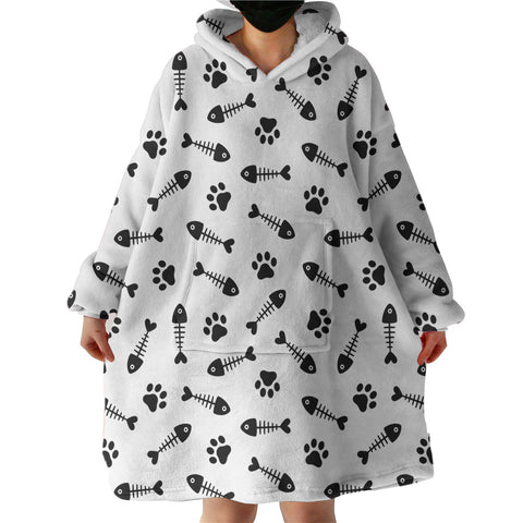 Image of B&W Cute Fish Bone & Dog Footprint Monogram SWLF4605 Hoodie Wearable Blanket