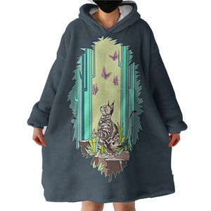 Purple Butterflies & Cat Playing SWLF4666 Hoodie Wearable Blanket