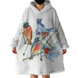 Multi Watercolor Blue Sunbirds SWLF4730 Hoodie Wearable Blanket