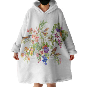 Multi Flowers & Sunbirds White Theme SWLF4732 Hoodie Wearable Blanket