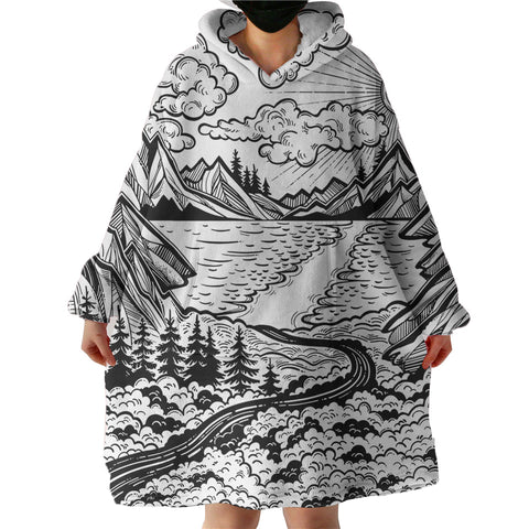 Image of B&W Old School Vital Landscape Sketch SWLF4738 Hoodie Wearable Blanket