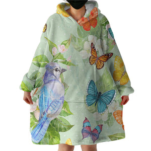 Watercolor Big Blue Sunbird & Colorful Butterflies SWLF4739 Hoodie Wearable Blanket