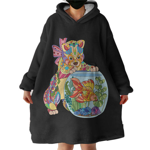 Image of Colorful Geometric Cat & Fishbowl SWLF4743 Hoodie Wearable Blanket