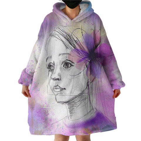 Image of Purple Floral On Lady's Ear Sketch SWLF4752 Hoodie Wearable Blanket